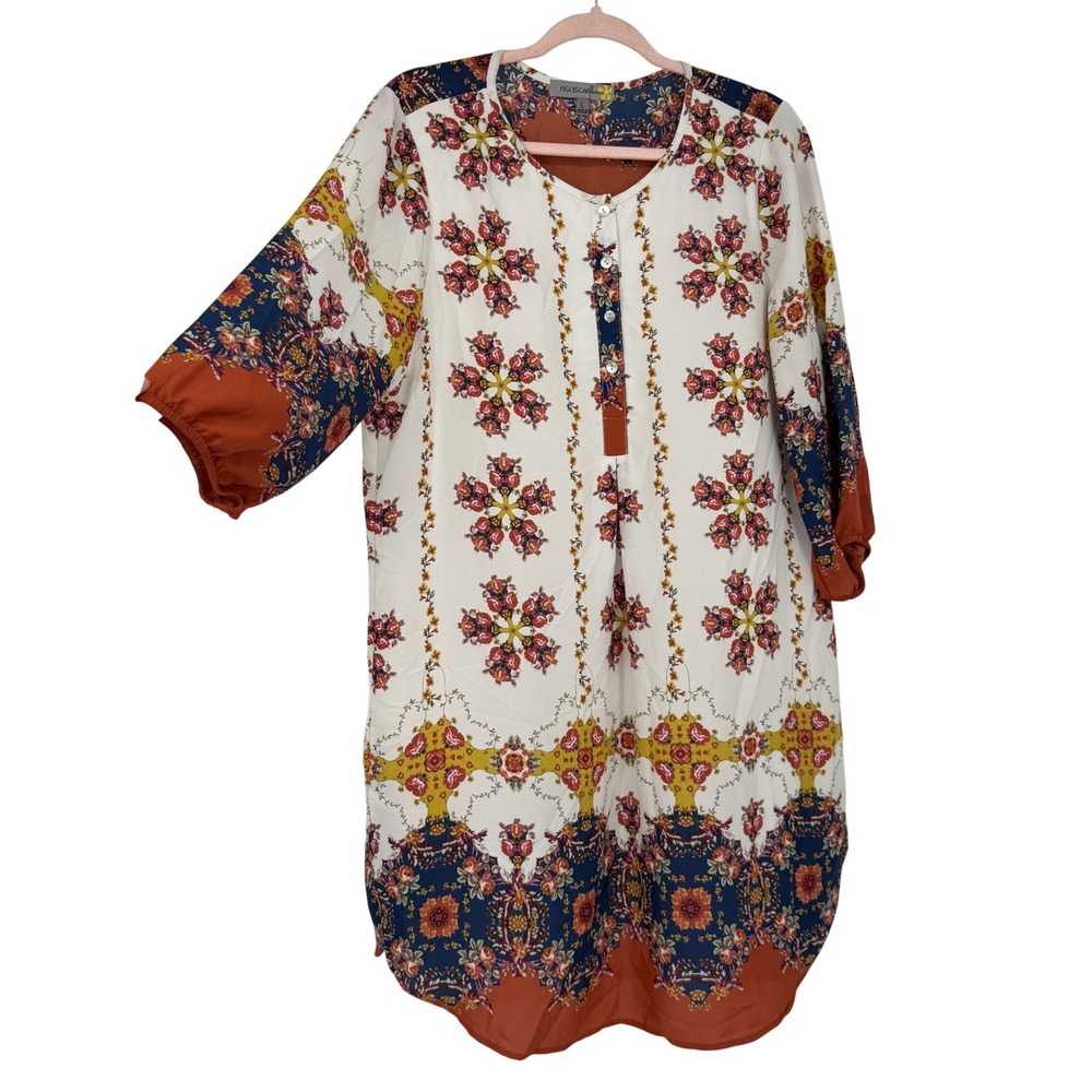 Figueroa & Flower Floral Medallion Tunic Top Mini Dress Multi-Color L Boho Fall